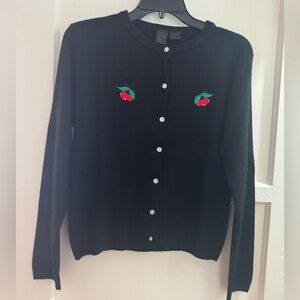 Black Button-Front Knit Sweater with Red Cherries 🍒